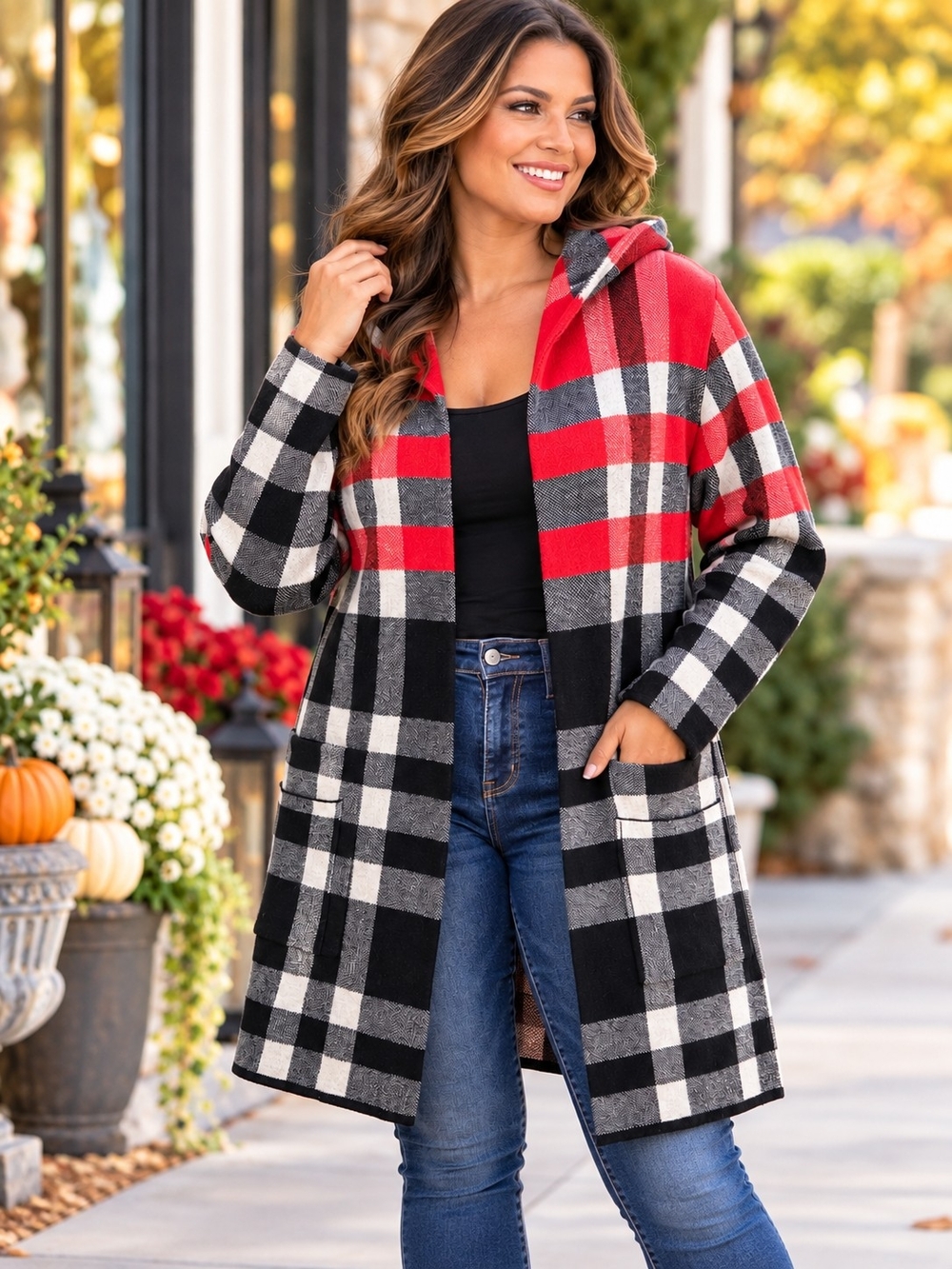 Tahari Plaid Hooded Coat in Red & Black Size Large Like New